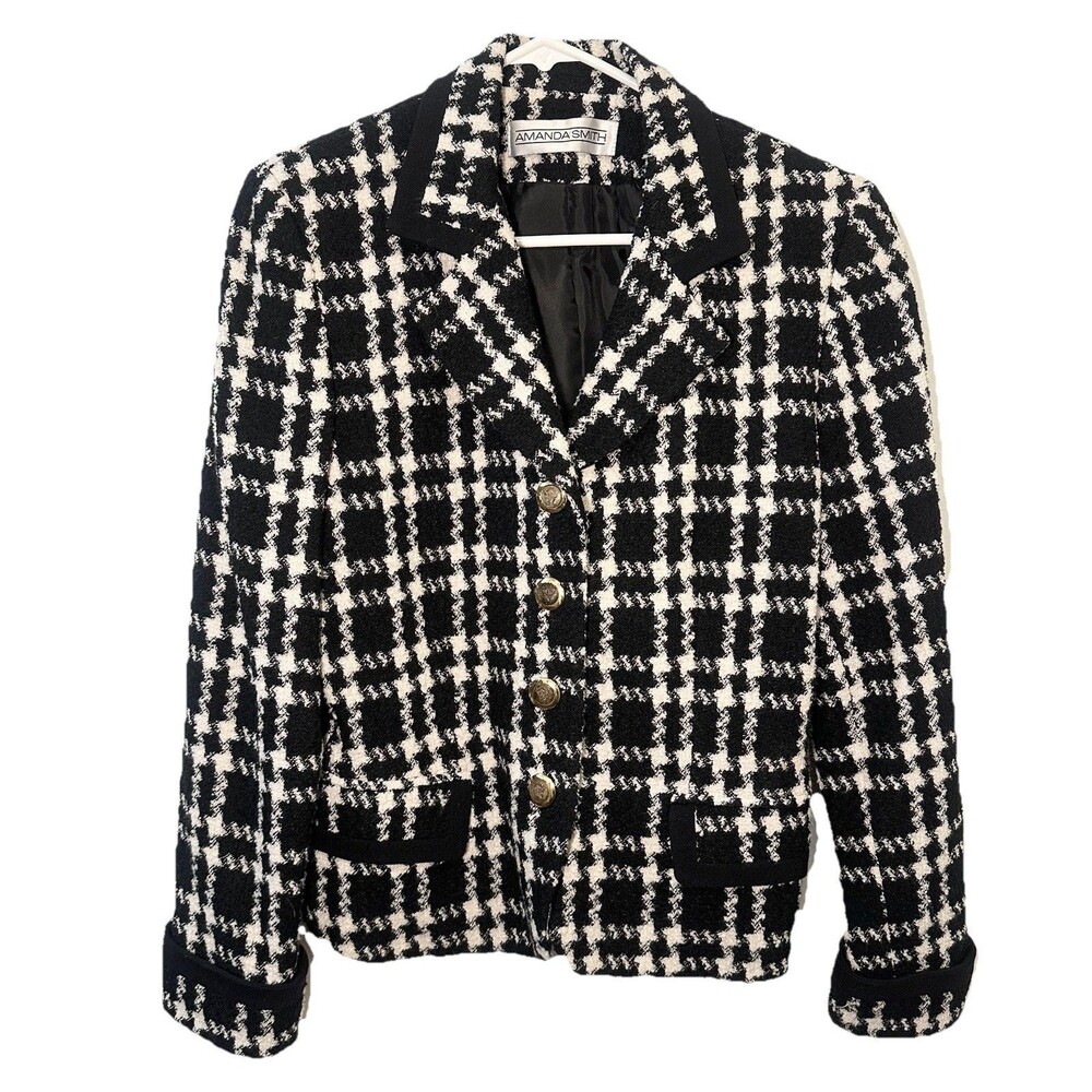 Amanda Smith Wool Blend Plaid Blazer Women’s 6 Black White Gold Button Jacket